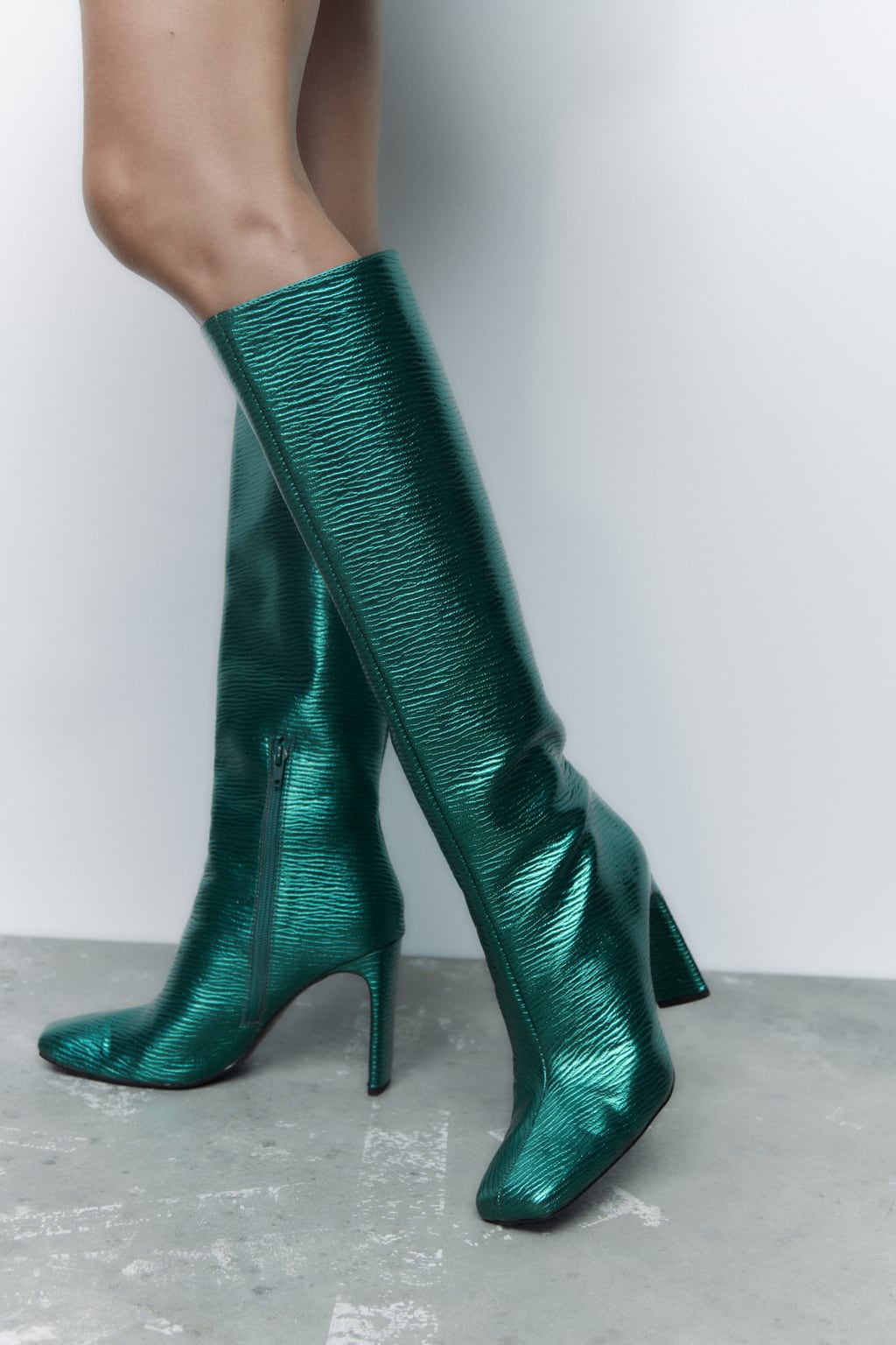 Zara Green Laminated Heeled Boots