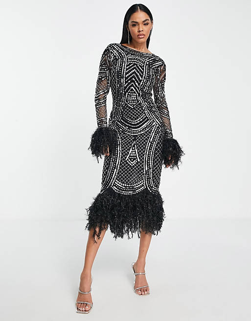 ASOS Design Long Sleeve Embellished Midi Dress